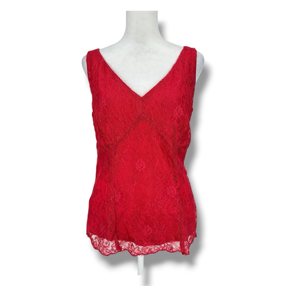 Y2K Alfani Red Floral Lace V Neck Empire Waist Top S Romantic Coquette Holiday